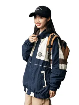 Осень 2023, женская повседневная уличная легкая, теплая, дышащая и свободная цветовая контрастная лоскутная ветрозащитная куртка для пары