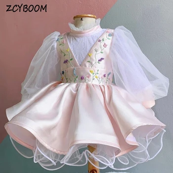 Прекрасное розовое платье с высоким вырезом и рукавами-фонариками для девочек в цветочек на свадьбу 2023, бальное платье для маленьких принцесс, платья для первого причастия