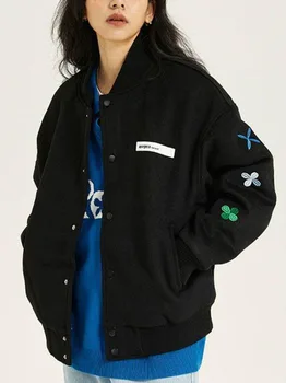 Верхняя одежда-бомбер с цветочной вышивкой в стиле ретро, хип-хоп, уличная одежда для пары, весенне-осенняя одежда, женская бейсбольная куртка