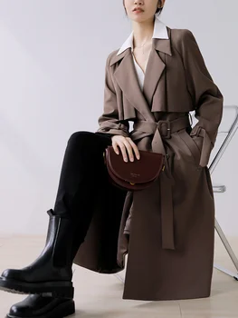 Коричневое пальто-ветровка с поясом, женское осенне-зимнее пальто средней длины на шнуровке, дизайнерское пальто для маленькой толпы