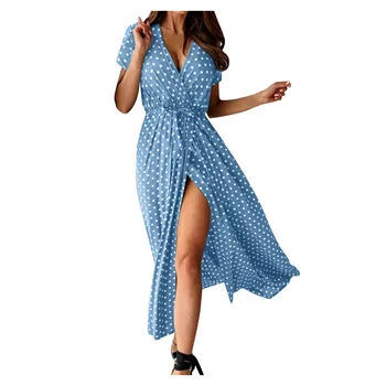 Летнее Женское платье в стиле бохо, сексуальный пляжный сарафан с V-образным вырезом и коротким рукавом, длинное платье в горошек, Винтажные вечерние платья с разрезом