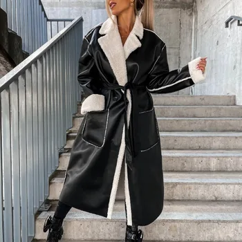 Осенне-зимние длинные тренчи, женская кожаная верхняя одежда с отложным воротником и поясом, модная уличная одежда 2023 года, черные куртки