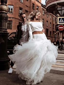 Новое дизайнерское свадебное платье с открытыми плечами и V-образным вырезом 2023, Свадебное платье для невесты с длинным рукавом, Свадебные платья трапециевидной формы