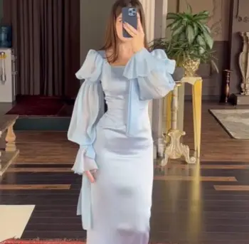 Синий квадратный вырез горловины длинные рукава вечерние платья голеностопного длина Пром платья формальные женщины Саудовской Аравии платье новые поступления