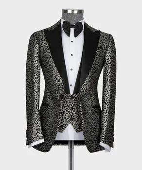 Смокинг с леопардовым принтом, серо-черные официальные мужские костюмы жениха, 3шт Блейзер, жилет, брюки, деловая одежда, мужской свадебный костюм для выпускного вечера