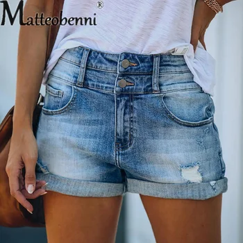 Модные джинсовые шорты с высокой талией и двойными пуговицами, женские брюки с дырками для пригородных поездок, женская повседневная уличная одежда