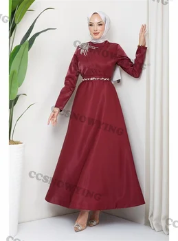 Модные аппликации Мусульманские Вечерние платья с длинным рукавом и высоким воротом, Вечерние Женские Хиджабы, Арабский Кафтан, Халат