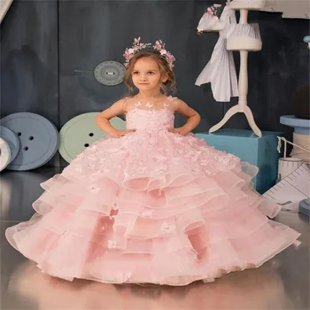 Розовое пышное платье без рукавов для девочки в цветочек, Красивое платье принцессы для Первого причастия, Детская аппликация в виде бабочки, свадебная вечеринка