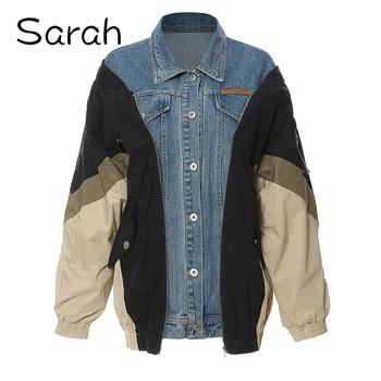 Sarah 2023 Новая высококачественная винтажная джинсовая ткань в стиле пэчворк, свободная куртка, бейсбольное пальто из джерси, женское