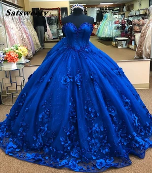 Королевский синий 3D с цветочным узором, бальное платье, пышные платья для выпускного вечера, Жемчуг, милые вечерние платья принцессы Sweet 16 Vestido