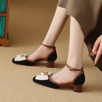Женские босоножки Baotou, новинка 2023 года, тонкие туфли на высоком каблуке с бантом, женская весенняя и осенняя обувь на толстой подошве с женской обувью
