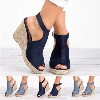 Large size women's thick sole wedge fish mouth sandals one line buckle suede fashion sandals босоножки женские лето C1211