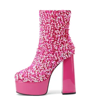 Блестки, ткань, побрякушки, свадебные туфли для невесты на суперблочных высоких каблуках, блестящие розовые, фиолетовые, синие ботильоны на платформе, современные ботинки