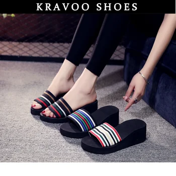 Женская обувь KRAVOO, сетчатые тапочки на платформе, Женские сандалии на танкетке, разноцветные полосатые повседневные тапочки с открытым носком, пляжные горки