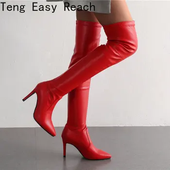 Эластичные сапоги до бедра, Женская обувь на шпильках, Пикантные ботфорты выше колена, женские заостренные длинные вечерние танцевальные ботинки, Красный, черный