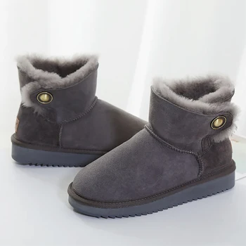 Новые классические женские зимние ботинки Button Женские ботильоны из натуральной овчины больших размеров из натурального меха Шерстяная зимняя обувь