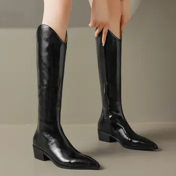 Классические женские сапоги до колена на платформе, повседневная женская обувь из натуральной кожи на толстом среднем каблуке, осень-зима, Размер 34-43