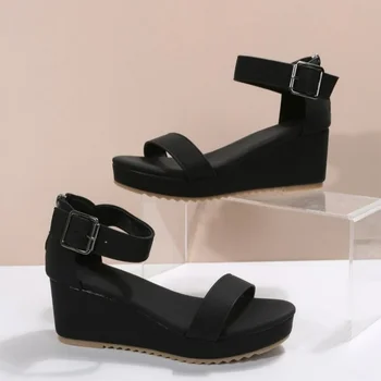 Черные сандалии на танкетке, женская летняя обувь, удобные сандалии на платформе с открытым носком, повседневная обувь больших размеров