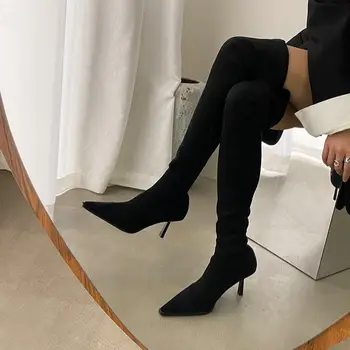 Женские ботфорты выше колена из флока, Острый носок, тонкие высокие каблуки, Эластичные пинетки, Черные женские зимние вечерние туфли-лодочки, Крутая мода 39
