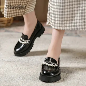 Черные Туфли-Оксфорды, Женские Кожаные туфли без застежки с жемчугом, Женские Лоферы, Весенняя мода 2023 года, Женские Оксфордские туфли на плоской подошве