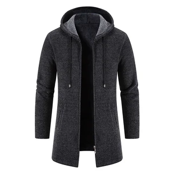 Новая мужская осенне-зимняя трикотажная мужская куртка, утолщенный кардиган средней длины, верхняя одежда на молнии с капюшоном