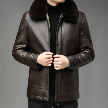 Свободные мужские куртки из натуральной кожи, Зимнее утолщенное теплое пальто С меховым воротником, модная куртка с разрезом, мужская одежда из плюша Abrigo