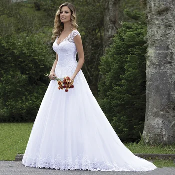 Чисто белые свадебные платья, элегантные платья с короткими рукавами, аппликации, Vestido De Noiva, Сексуальное кружевное платье с V-образным вырезом, Vestidos De Novia