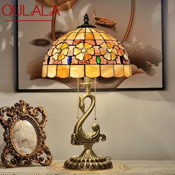 OULALA Современная латунная настольная лампа LED European Tiffany Shell Decor, Ретро Медные настольные лампы для дома, гостиной, спальни
