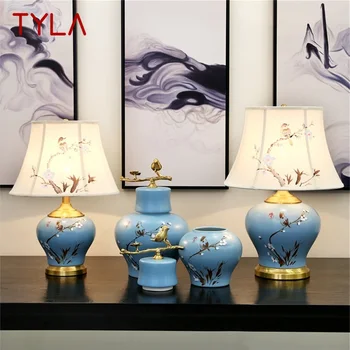 Керамические настольные лампы TYLA Blue Luxury Bird из латуни, тканевый настольный светильник, домашний декор для гостиной, столовой, спальни