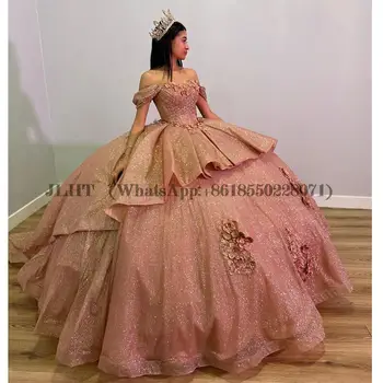 Пышное платье с кружевными цветами из розового золота, бальное платье с открытыми плечами, корсет, праздничное платье Sweet 15 Party Vestidos De XV Años