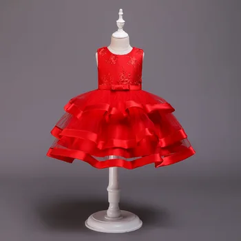 Красные кружевные короткие платья принцессы с цветочным узором для девочек, бальное платье для вечеринки в честь дня рождения, многослойное пышное платье для первого причастия