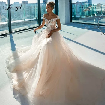 Свадебные платья трапециевидной формы Traugel, Элегантная аппликация, 3D цветок, кепка, рукав на пуговицах, платье невесты, Свадебное платье со шлейфом