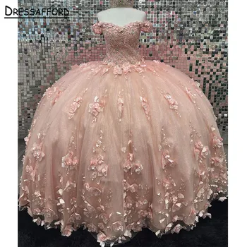 Розовое Пышное платье С V-образным вырезом И Открытыми плечами, Кружевные аппликации, Бальное платье Принцессы Для Выпускного Вечера, Милое 16 Vestidos De 15 Años