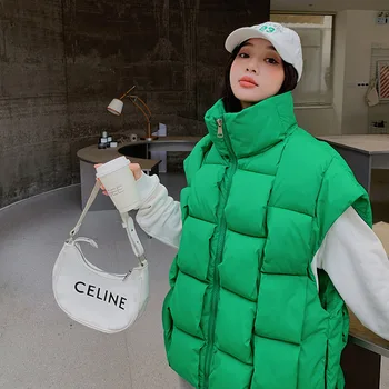 Корейский модный пуховик с хлопковой подкладкой, осенне-зимние куртки без рукавов, Женский свободный теплый толстый жилет на молнии, Женская верхняя одежда