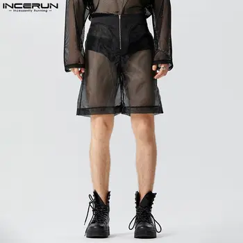 Мужские шорты, свободная уличная одежда из сетки на молнии в стиле пэчворк, Летние Мужские плавки 2023, Прозрачные Сексуальные Модные шорты для вечеринок S-5XL INCERUN