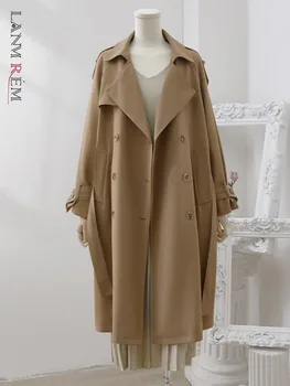 LANMREM Дизайнерский Корейский тренч для женщин с лацканами, двубортный, с длинными рукавами, с прямым поясом, повседневные пальто, новинка 2023 года, 32D809