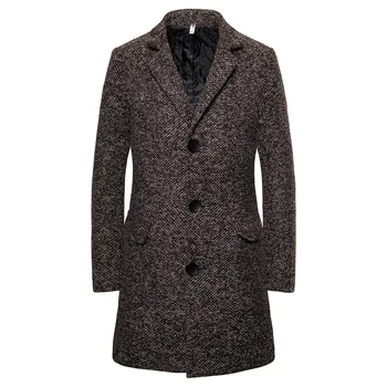 Новое шерстяное пальто в британском стиле, Мужской Приталенный тренч, Длинная мужская шерстяная куртка, Однобортное Повседневное Мужское пальто