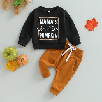 BeQeuewll Одежда для новорожденных мальчиков на Хэллоуин из 2 предметов на осень, топы с круглым вырезом и длинными рукавами с буквенным принтом, комплект длинных брюк для 0-3 лет