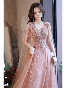 18025 # Роскошное платье принцессы из розового золота, расшитое бисером, вечернее платье для выпускного вечера с тюлевой шалью и кисточками, вечерние платья без бретелек для женщин