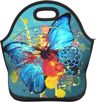 Красочная неопреновая сумка для ланча с яркой бабочкой, изолированный ланч-бокс, сумка-холодильник, сумка-тоут, портативные многоразовые сумки для ланча для мужчин и женщин