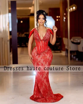 Aso Ebi Вечерние платья Русалки из красного бисера 2023, кружевное вечернее платье с открытыми плечами для выпускного вечера для чернокожих девушек, вечерние платья Африканских женщин